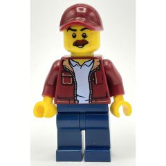 Minifigurka LEGO Man, Open Dark Red Jacket, Dark Blue Legs, Dark Red Cap, Moustache