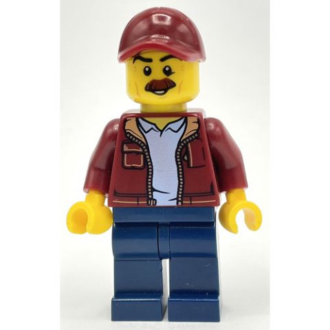 Minifigurka LEGO Man, Open Dark Red Jacket, Dark Blue Legs, Dark Red Cap, Moustache