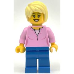 Minifigurka LEGO Woman, Bright Pink Top, Blue Legs, Bright Light Yellow Hair