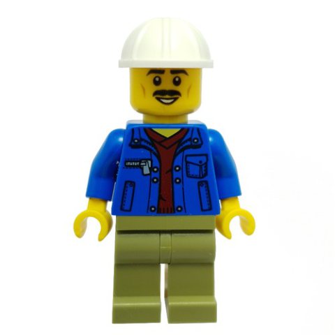 Minifigurka LEGO Construction Worker, Blue Jacket, Olive Green Legs, White Hard Hat, Moustache