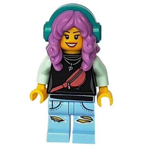 Minifigurka LEGO Parker L. Jackson, Black Top, Medium Lavender Hair with Headphones