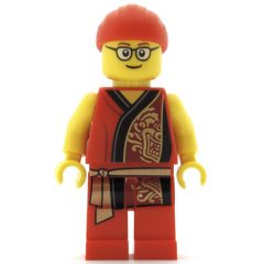 Minifigurka LEGO Man, Red Robe with Gold Sash Belt, Red Bandanna, Glasses