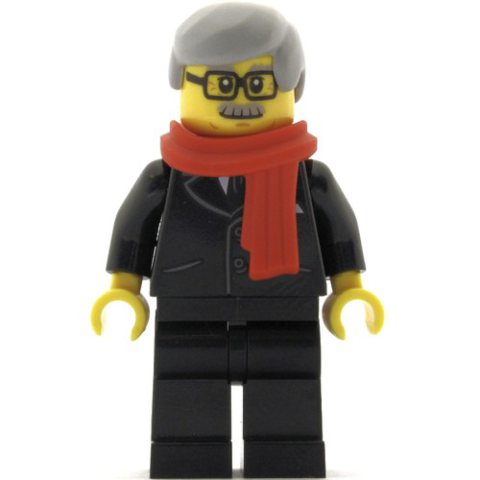 Minifigurka LEGO Man, Black Suit with Tie, Red Scarf, Light Bluish Gray Hair, Moustache and Glasses