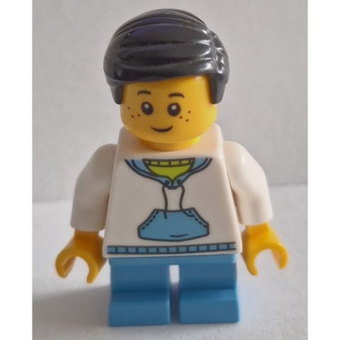 Minifigurka LEGO Boy, White and Blue Hoodie, Short Medium Blue Legs, Black Hair