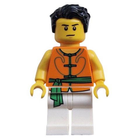 Minifigurka LEGO Racer, White and Orange Robe with Ties and Sash Belt, Black Hair, Scared / Neutral