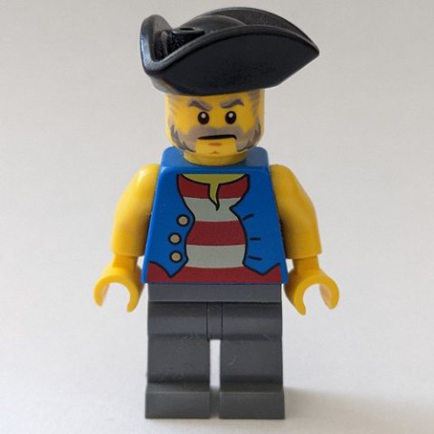 Minifigurka LEGO Pirate, Open Blue Vest over Red and White Striped Shirt, Black Tricorne Hat