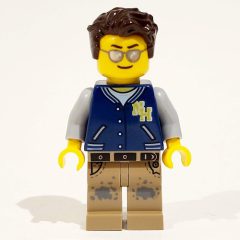 Minifigurka LEGO Dark Blue Torso, Dark Tan Legs, Dark Brown Hair