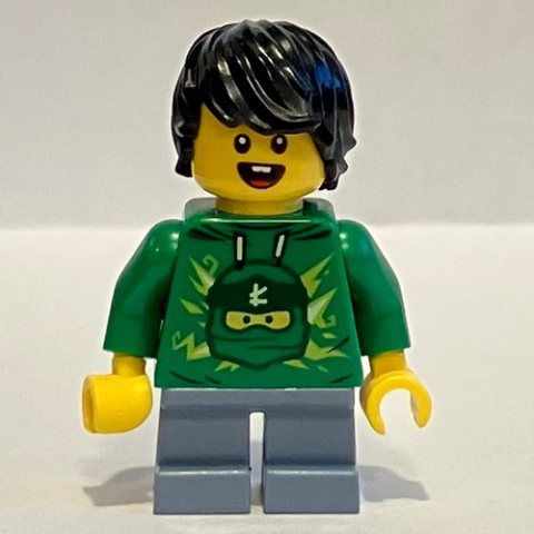 Minifigurka LEGO Kid - Green Torso, Sand Blue Legs, Black Hair