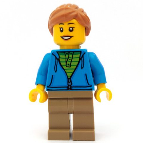 Minifigurka LEGO Woman, Open Dark Azure Hoodie over Lime Shirt, Dark Tan Legs, Medium Nougat Hair, Hearing Aid