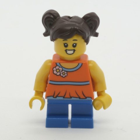 Minifigurka LEGO Girl, Orange Top, Short Blue Legs, Brown Hair