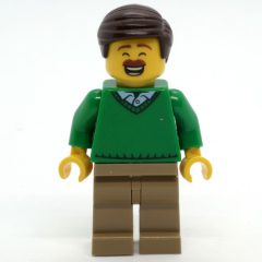 Minifigurka LEGO Man, Green Sweater, Dark Tan Legs, Dark Brown Hair, Moustache