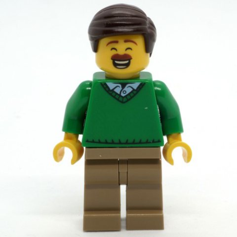 Minifigurka LEGO Man, Green Sweater, Dark Tan Legs, Dark Brown Hair, Moustache