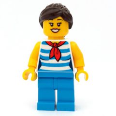 Minifigurka LEGO Woman, Dark Azure Striped Shirt, Dark Azure Legs, Dark Brown Hair