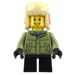 Minifigurka LEGO Boy, Olive Green Jacket, Black Legs, Red Ushanka Hat