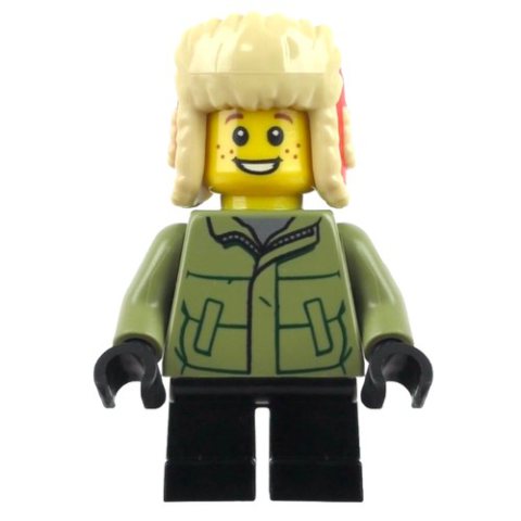 Minifigurka LEGO Boy, Olive Green Jacket, Black Legs, Red Ushanka Hat