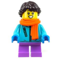 Minifigurka LEGO Girl, Medium Azure Jacket, Medium Lavender Legs, Orange Scarf, Dark Brown Hair