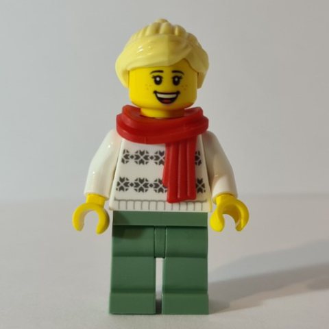 Minifigurka LEGO White Torso, Sand Green Legs, Bright Light Yellow Hair, Red Scarf
