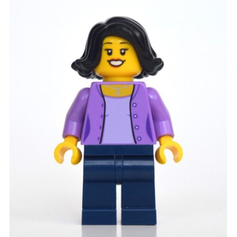 Minifigurka LEGO Woman, Medium Lavender Sweater, Dark Blue Legs, Black Hair
