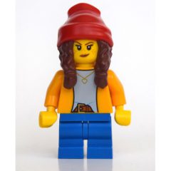 Minifigurka LEGO Girl, Bright Light Orange Shirt, Blue Medium Legs, Red Beanie with Braids