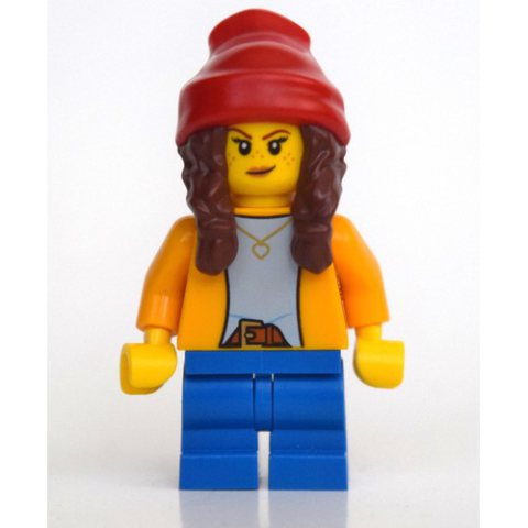 Minifigurka LEGO Girl, Bright Light Orange Shirt, Blue Medium Legs, Red Beanie with Braids