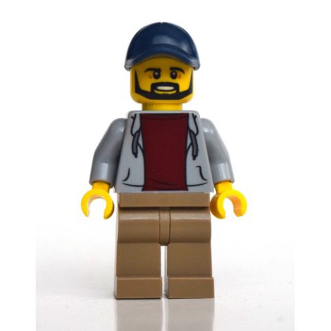 Minifigurka LEGO Man, Light Bluish Gray Open Hoodie, Dark Tan Legs, Dark Blue Cap, Beard