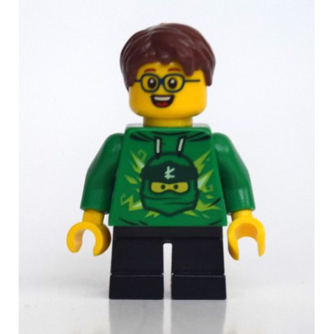 Minifigurka LEGO Boy, Green Ninjago Hoodie, Short Black Legs, Reddish Brown Hair, Glasses