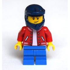 Minifigurka LEGO Boy, Red Letterman Jacket, Blue Medium Legs, Dark Blue Dirt Bike Helmet