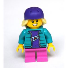 Minifigurka LEGO Girl, Dark Turquoise Jacket, Short Dark Pink Legs, Dark Purple Bike Helmet