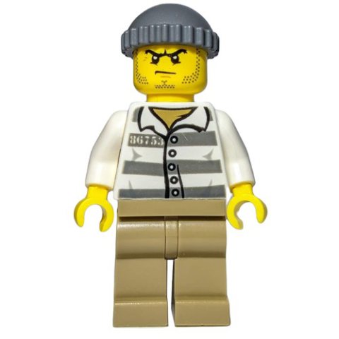 Minifigurka LEGO Criminal, Prison Shirt '86753', Dark Tan Legs, Hat, Stubble