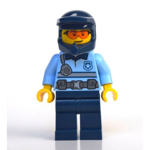 Minifigurka LEGO Policeman, Polo Shirt with Belt and Radio, Dark Blue Legs, Dark Blue Dirt Bike Helmet, Orange Glasses