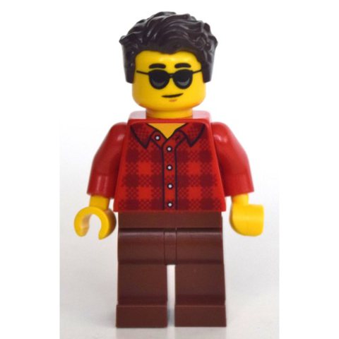 Minifigurka LEGO Man, Red Plaid Shirt, Reddish Brown Legs, Sunglasses, Dark Brown Hair