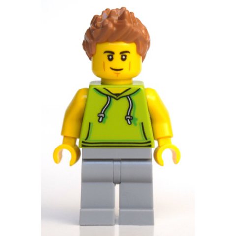 Minifigurka LEGO Man, Lime Hoodie, Light Bluish Gray Legs, Medium Nougat Hair
