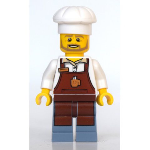 Minifigurka LEGO Barista, Reddish Brown Apron, Sand Blue Legs, Chef Hat