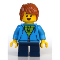 Minifigurka LEGO Boy, Dark Azure Hoodie, Short Dark Blue Legs, Dark Orange Hair