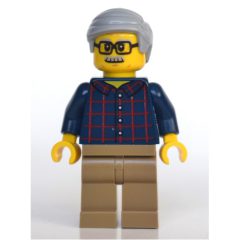 Minifigurka LEGO Man, Dark Blue Plaid Shirt, Dark Tan Legs, Light Bluish Gray Hair and Moustache, Glasses