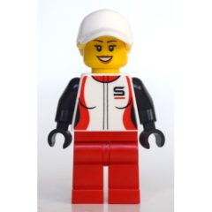 Minifigurka LEGO Woman, Racing Jacket, Red Legs, Ponytail with White Cap