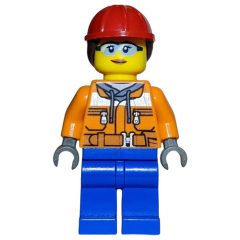 Minifigurka LEGO Construction Worker, Woman, Orange Safety Jacket, Blue Legs, Ponytail with Red Hard Hat