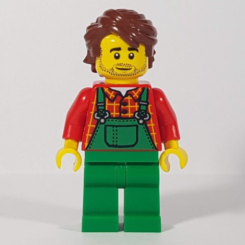 Minifigurka LEGO Man, Green Overalls, Reddish Brown Hair, Stubble Beard