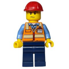Minifigurka LEGO Man, Orange Safety Vest, Dark Blue Legs, Red Hard Hat, Sweat Drops