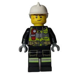 Minifigurka LEGO Fireman, Black Firesuit with Lime Safety Vest and Torch, White Helmet