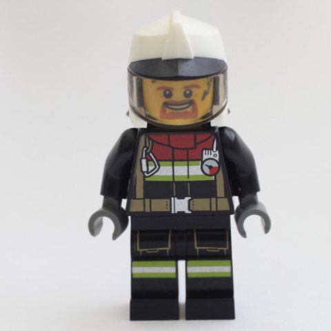 Minifigurka LEGO Fireman, Black Firesuit, White Helmet with Black Peak and Neck Protector with Visor