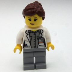 Minifigurka LEGO Woman, White Jacket, Light Bluish Gray Legs, Reddish Brown Hair