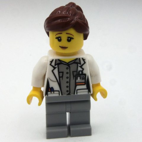 Minifigurka LEGO Woman, White Jacket, Light Bluish Gray Legs, Reddish Brown Hair