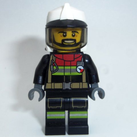 Minifigurka LEGO Fireman, Black Firesuit, White Helmet with Black Peak and Neck Protector with Visor