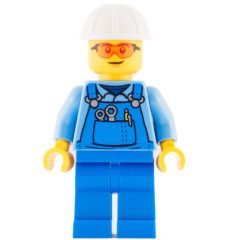 Minifigurka LEGO Worker - Medium Blue Torso, Blue Overall, Orange Glasses, White Helmet