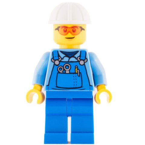 Minifigurka LEGO Worker - Medium Blue Torso, Blue Overall, Orange Glasses, White Helmet