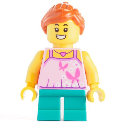 Minifigurka LEGO Kid - Bright Light Pink Torso, Dark Turquoise Legs, Dark Orange Hair