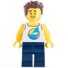 Minifigurka LEGO White Torso, Dark BLue Legs, Dark Brown Hair