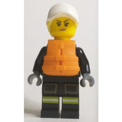 Minifigurka LEGO Firewoman, Black Fire Suit, Orange Lifevest, White Cap