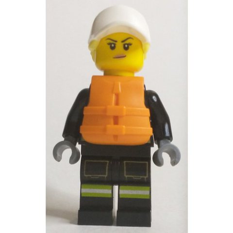 Minifigurka LEGO Firewoman, Black Fire Suit, Orange Lifevest, White Cap